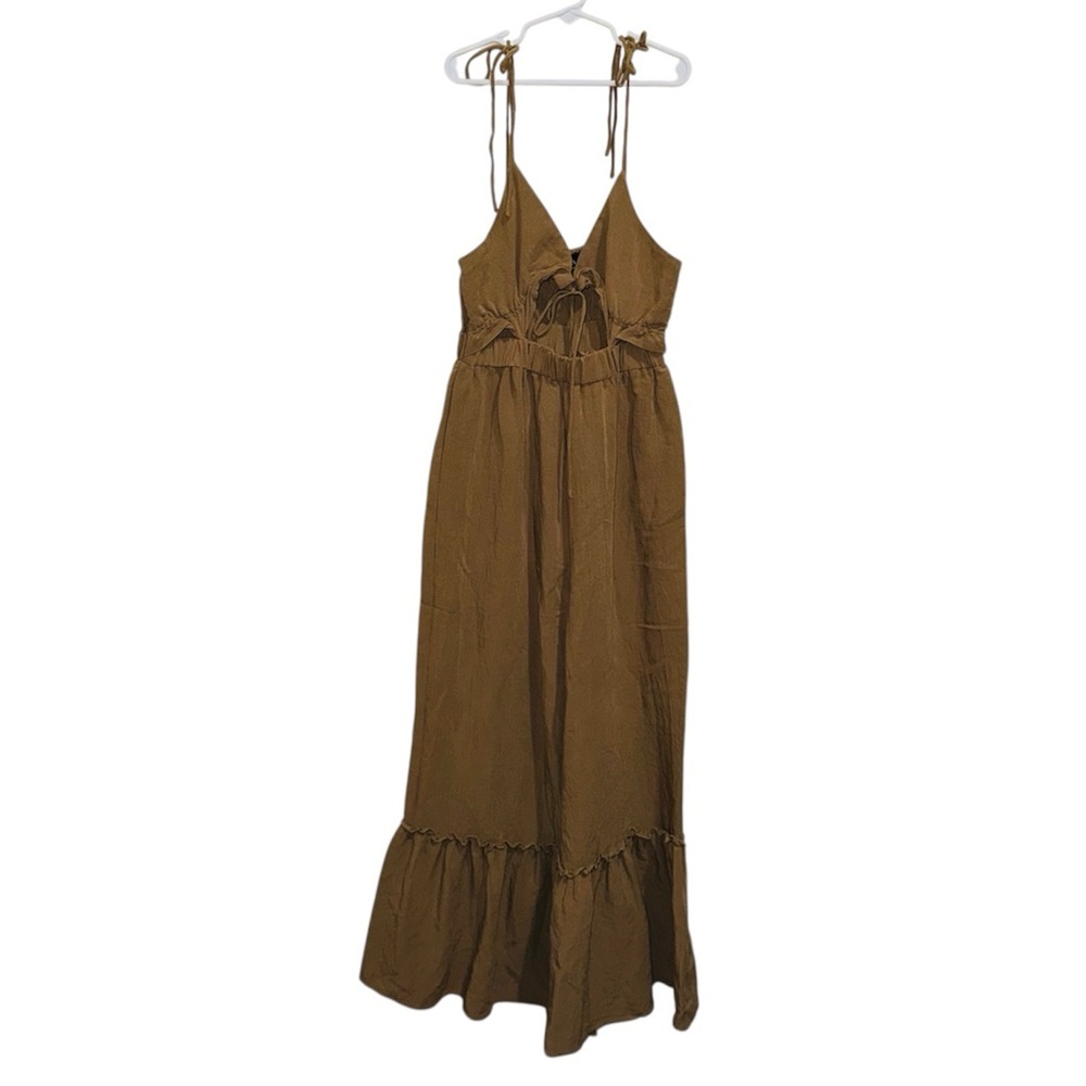 VICI Tie Sleeve Brown Keyhole Ruffle Bell Leg Jumpsuit - Picture 2 of 7